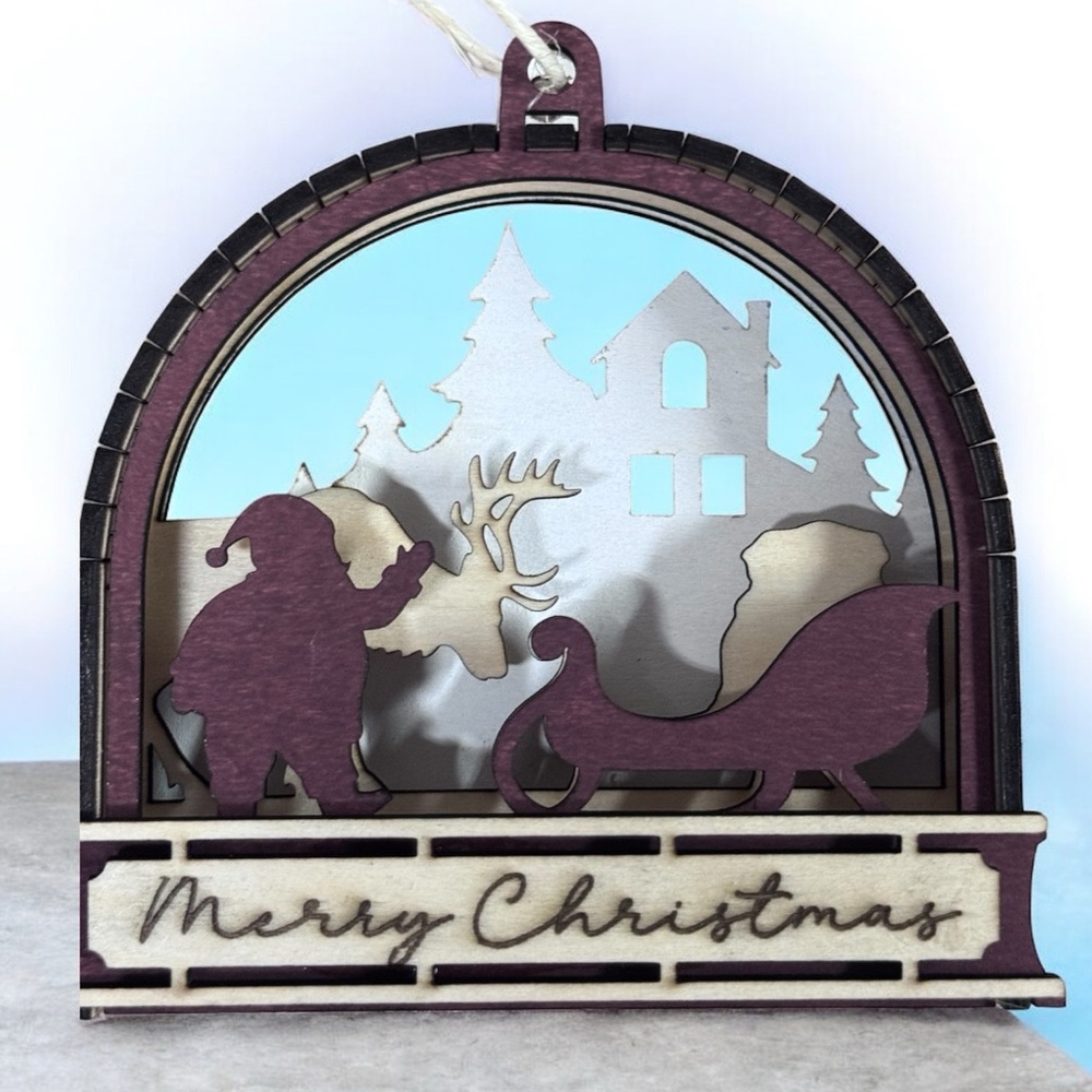 3/$20 Layered Wooden Christmas Ornament – Santa, Reindeer & Sleigh Winter Scene
